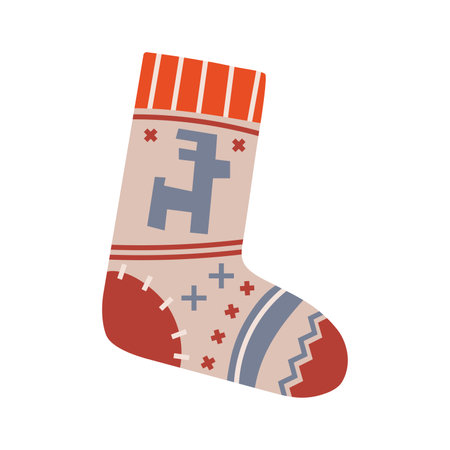 Christmas knitting sock for gifts with traditional ornament, cartoon style. Cozy mood for winter. Trendy modern vector illustration isolated on white background, hand drawn, flat design.のイラスト素材