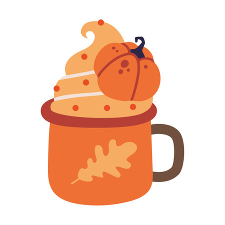 Pumpkin spice latte with cream, warming drinks, cartoon style. Cozy mood for autumn. Trendy modern vector illustration isolated on white background, hand drawn, flat design.のイラスト素材