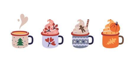 Set of hot drinks, cartoon style. Pumpkin spice latte, Christmas holiday coffee mug. Trendy modern vector illustration isolated on white background, hand drawn, flat design.のイラスト素材