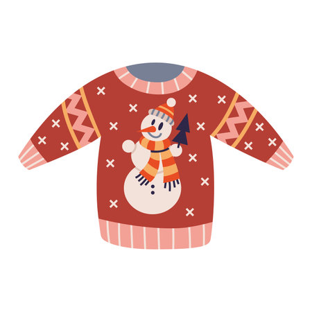 Traditional ugly Christmas sweater with snowman intarsia, cartoon style. Cozy mood for winter. Trendy modern vector illustration isolated on white background, hand drawn, flat design.のイラスト素材