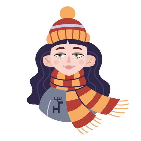 Girl in a warm knitted scarf and hat, cartoon style. Cold weather, cozy mood. Trendy modern vector illustration isolated on white background, hand drawn, flat design.のイラスト素材