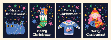 Merry Christmas Set of greeting cards, posters, holiday covers, cartoon style. Trendy modern vector illustration, hand drawn, flat design.のイラスト素材