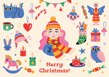 Cozy winter holiday set of Christmas design elements and girl, cartoon style. Cute hygge wearing, Xmas ornament, gifts and toys bundle. Trendy modern vector illustration, hand drawn, flat design.のイラスト素材