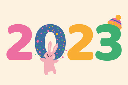 New Year 2023 with cute rabbit, cartoon style. Trendy modern vector illustration, hand drawn, flat design.のイラスト素材