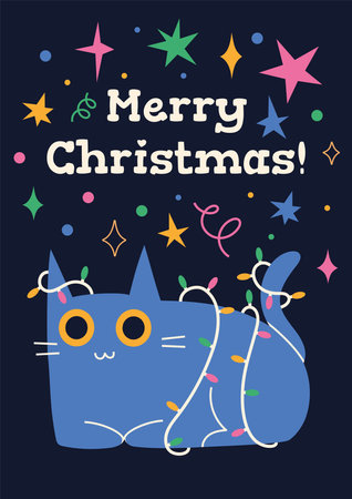 Christmas greeting card with cat and garland, cartoon style. Trendy modern vector illustration, hand drawn, flat design.のイラスト素材