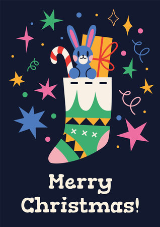 Greeting card with Christmas stocking with gifts, cartoon style. Trendy modern vector illustration, hand drawn, flat design.のイラスト素材