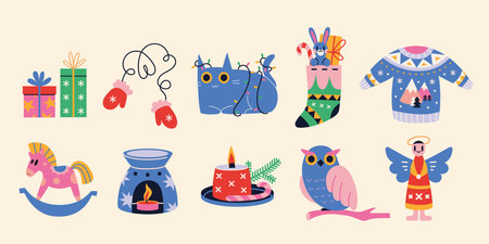 Collection of New Year and Christmas attributes, cartoon style. Set of traditional winter holidays symbols. Xmas decorations, clothes, toys and gifts. Trendy modern vector illustration, flat designのイラスト素材