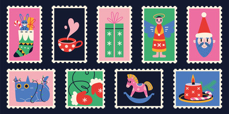 Set of cute hand-drawn post stamps with Christmas and New Year attributes. Trendy modern vector illustartions in Cartoon Flat design. Mail and post office drawingのイラスト素材
