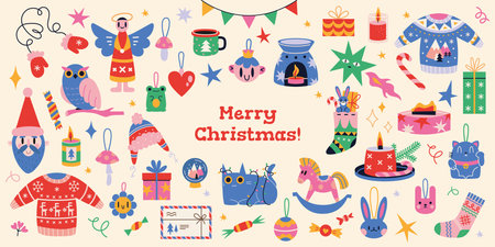Collection of New Year and Christmas attributes, cartoon style. Set of traditional winter holidays symbols. Xmas decorations, clothes, toys and gifts. Trendy modern vector illustration, flat design.のイラスト素材