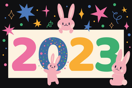 New Year 2023 with cute rabbits, cartoon style. Trendy modern vector illustration, hand drawn, flat design.のイラスト素材