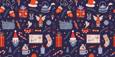 Christmas seamless pattern with cute winter cozy elements on a dark background, cartoon style. Trendy modern vector illustration, hand drawn, flat design.のイラスト素材