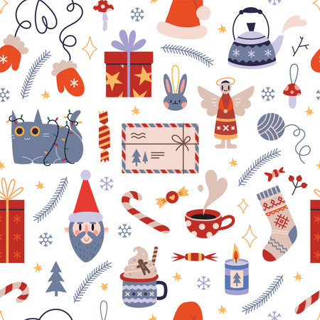 Christmas seamless pattern with cute winter cozy elements on a white background, cartoon style. Trendy modern vector illustration, hand drawn, flat design.のイラスト素材