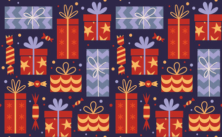 Holiday seamless pattern with different gift boxes, cartoon style. Christmas, birthday background. Trendy modern vector illustration, hand drawn, flat design.のイラスト素材