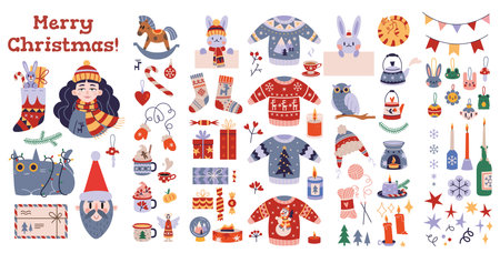 Big set of traditional winter holidays symbols. Collection of New Year and Christmas attributes, cartoon style. Xmas decorations, characters, toys and gifts. Trendy vector illustration, flat design.のイラスト素材
