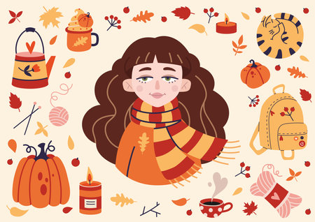 Cozy autumn set of fall design elements, cartoon style. Girl in a warm scarf, fallen leaves, hot drinks and items for needlework bundle. Trendy modern vector illustration, hand drawn, flat design.のイラスト素材