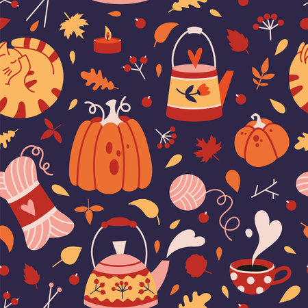 Autumn seamless pattern with cute cozy elements on a dark background, cartoon style. Trendy modern vector illustration hand drawn, flat design.のイラスト素材