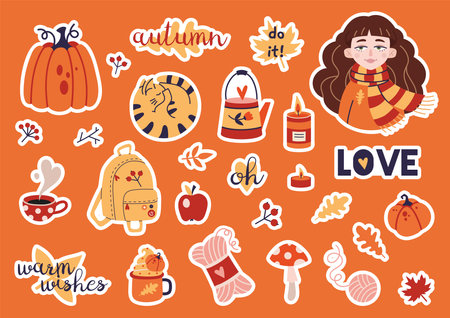 Cute stickerpack with Cozy autumn elements and trendy lettering, cartoon style. Set of stickers for planner and diaries, vector flat illustration. Decorations for notebook, bullet journalのイラスト素材
