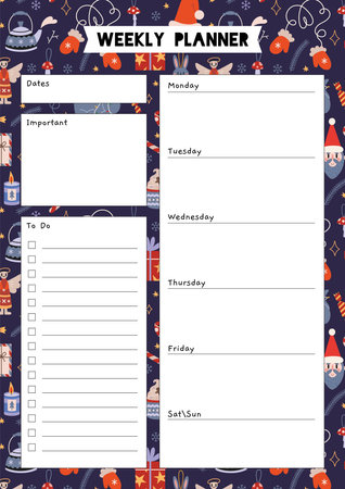 Cute weekly planner template, to do list with Christmas background, cartoon style. Winter cozy elements. Trendy modern vector illustration, hand drawn, flat design.のイラスト素材