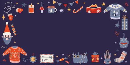 Horizontal banner, frame with place for text with Christmas attributes, cartoon style. Traditional winter holidays symbols on a dark blue background. Trendy modern vector illustration, flat design.のイラスト素材