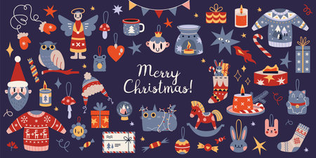 Collection of New Year and Christmas attributes, cartoon style. Set of traditional winter holidays symbols. Xmas decorations, clothes, toys and gifts. Trendy modern vector illustration, flat design.のイラスト素材