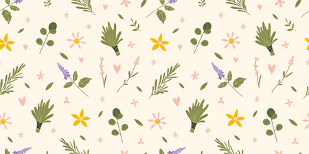 Seamless pattern with essential oil plants and herbs on a light background, cartoon style. Concept of nature aromatherapy. Trendy modern vector illustration, hand drawn, flat design.のイラスト素材