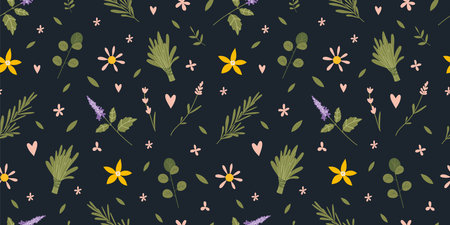 Seamless pattern with essential oil plants and herbs on a black background, cartoon style. Concept of nature aromatherapy. Trendy modern vector illustration, hand drawn, flat design.のイラスト素材