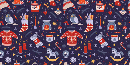 Christmas seamless pattern with cute winter cozy elements on a dark blue background, cartoon style. Trendy modern vector illustration, hand drawn, flat design.のイラスト素材