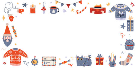 Horizontal banner, frame with place for text with New Year and Christmas attributes, cartoon style. Traditional winter holidays symbols on a white background. Trendy modern vector illustration, flat design.のイラスト素材