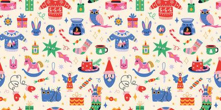 Christmas seamless pattern with cute winter cozy elements in bright color on a light background, cartoon style. Trendy modern vector illustration, hand drawn, flat design.のイラスト素材