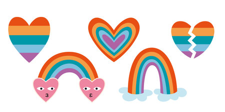 Set of LGBT related symbols like Heart and Rainbow, cartoon style. Acceptance and diversity, pride concept. Trendy modern vector illustration isolated on white background, hand drawn, flat design.のイラスト素材