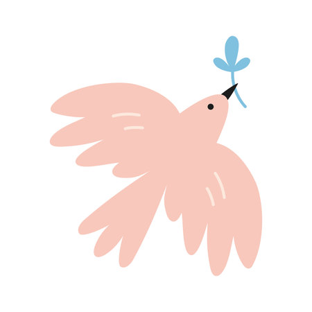 Dove of peace, cartoon style. Flying cute pigeon holding an olive branch. Trendy modern vector illustration isolated on white background, hand drawn, flat design.のイラスト素材