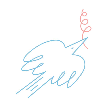 Dove of peace and freedom in simple linear style. Flying cute pigeon holding a branch. Trendy modern vector illustration isolated on white background, hand drawn.のイラスト素材