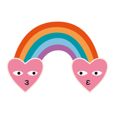 Rainbow connecting two hearts, cartoon style. LGBT love and support. Trendy modern vector illustration isolated on white background, hand drawn, flat design.のイラスト素材