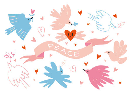 Various pigeons flying around a ribbon with inscription. Dove of peace and freedom, cartoon style. Trendy modern vector illustration isolated on white background, hand drawn, flat design.のイラスト素材
