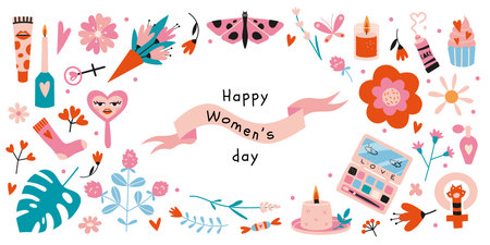 Set of Happy Women's Day elements, cartoon style. Various cute objects like flowers, cosmetics and hearts. Trendy modern vector illustration isolated on white, hand drawn, flat design.のイラスト素材