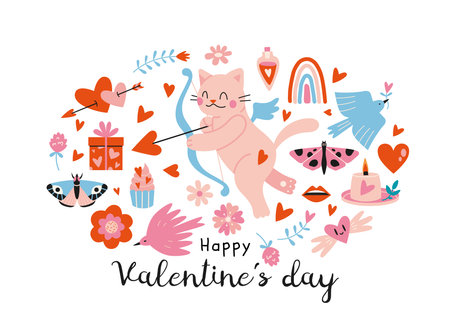 Various romantic objects like cupid cat, hearts and gifts, cartoon style. Valentine's day concept. Design for greeting card. Trendy vector illustration isolated on white, hand drawn, flat design.のイラスト素材
