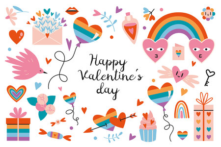 Happy Valentine's Day LGBT elements set. concept of homosexual love. Romantic objects like hearts, rainbow, cartoon style. Trendy modern vector illustration isolated on white, hand drawn, flat design.のイラスト素材