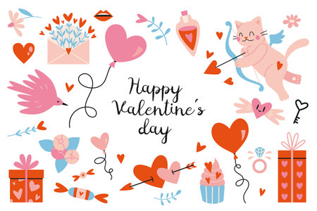 Happy Valentine's Day set. Many various romantic objects like hearts, balloons, cupid, gifts and sweets, cartoon style. Trendy modern vector illustration isolated on white, hand drawn, flat design.のイラスト素材