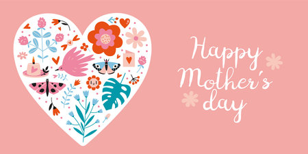 Congratulatory banner with various spring objects in the shape of a heart, cartoon style. mother's day concept. Trendy vector illustration isolated on white, hand drawn, flat design.のイラスト素材