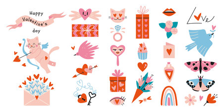 Happy Valentine's Day elements set. Many various romantic objects like hearts, balloons, gifts and sweets, cartoon style. Trendy modern vector illustration isolated on white, hand drawn, flat design.のイラスト素材