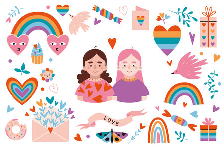 Loving lesbian couple and various lgbt romantic objects around, cartoon style. concept of homosexual love. Trendy vector illustration isolated on white, hand drawn, flat design.のイラスト素材