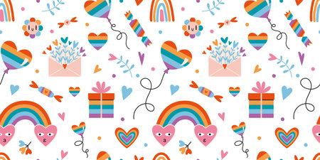 LGBT seamless pattern with cute rainbow romantic elements on a white background, cartoon style. Trendy modern vector illustration, hand drawn, flat design.のイラスト素材