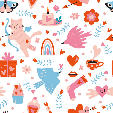 Saint Valentine's seamless pattern with cute romantic elements on a white background, cartoon style. Trendy modern vector illustration, hand drawn, flat design.のイラスト素材