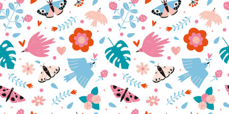 Floral seamless pattern with cute birds, butterflies and flowers on a white background, cartoon style. Trendy modern vector illustration, hand drawn, flat design.のイラスト素材