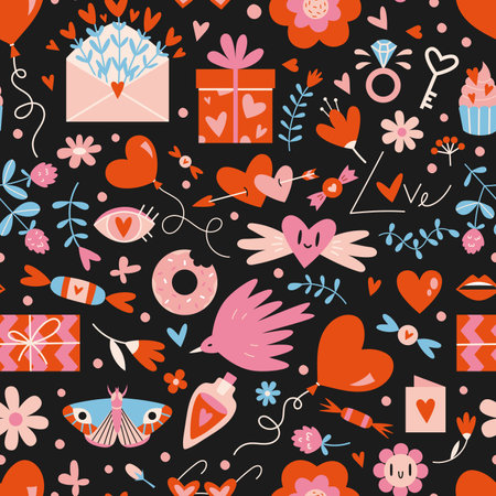Saint Valentine's seamless pattern with cute romantic elements on a black background, cartoon style. Trendy modern vector illustration, hand drawn, flat design.のイラスト素材