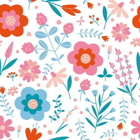 Floral seamless pattern with cute wild flowers on a white background, cartoon style. Trendy modern vector illustration, hand drawn, flat design.のイラスト素材