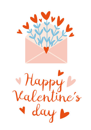 Saint Valentine's greeting card with envelope with flowers and hearts, cartoon style. Trendy modern vector illustration, hand drawn, flat design.のイラスト素材