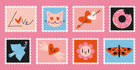 Set of cute hand-drawn post stamps with Valentines Day, Love theme attributes like heart, flower, bird, cat. Trendy modern vector illustartions in Cartoon style.のイラスト素材