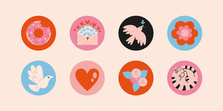 Set of various Valentines vector highlight stories covers with cute romantic elements. Trendy modern design. Cartoon sticker style. hand drawn templates. Round icons for social media.のイラスト素材