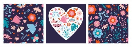Set of elements in a spring, floral theme, including seamless patterns and a composition of various objects of nature, cartoon style. Trendy modern vector illustration, hand drawn, flat design.のイラスト素材